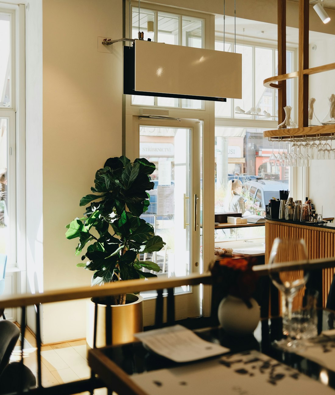 The cafe interior, plants by the glass door and the counter behind